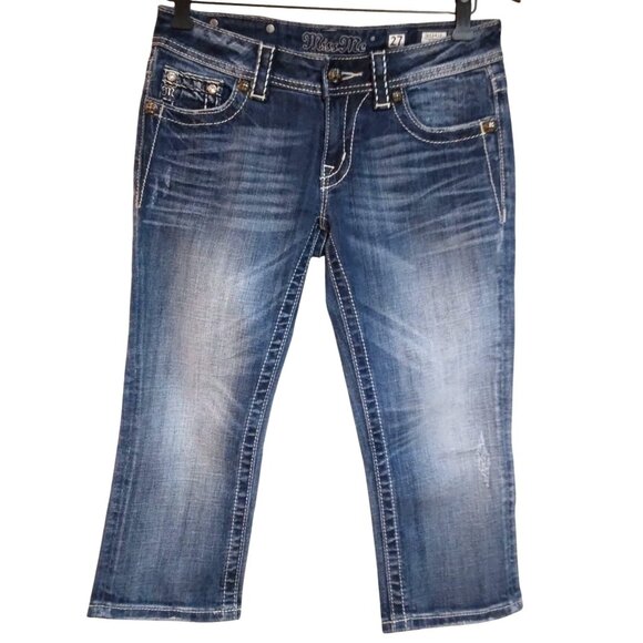 Miss Me Women Dark Wash Low Rise Capris 30 Y2Kcore Casual Comfy Distressed Jean - Picture 3 of 16